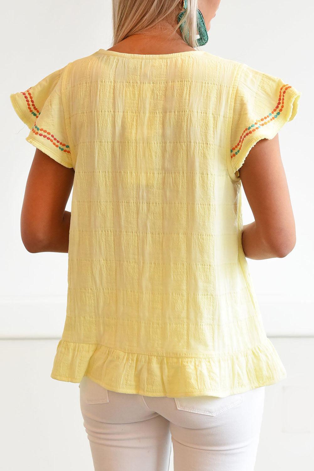 Geometric Embroidery Textured Top with Ruffles - L & M Kee, LLC