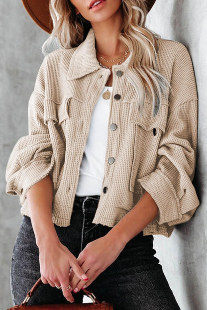 Waffle Knit Buttons Cropped Jacket with Pockets - L & M Kee, LLC