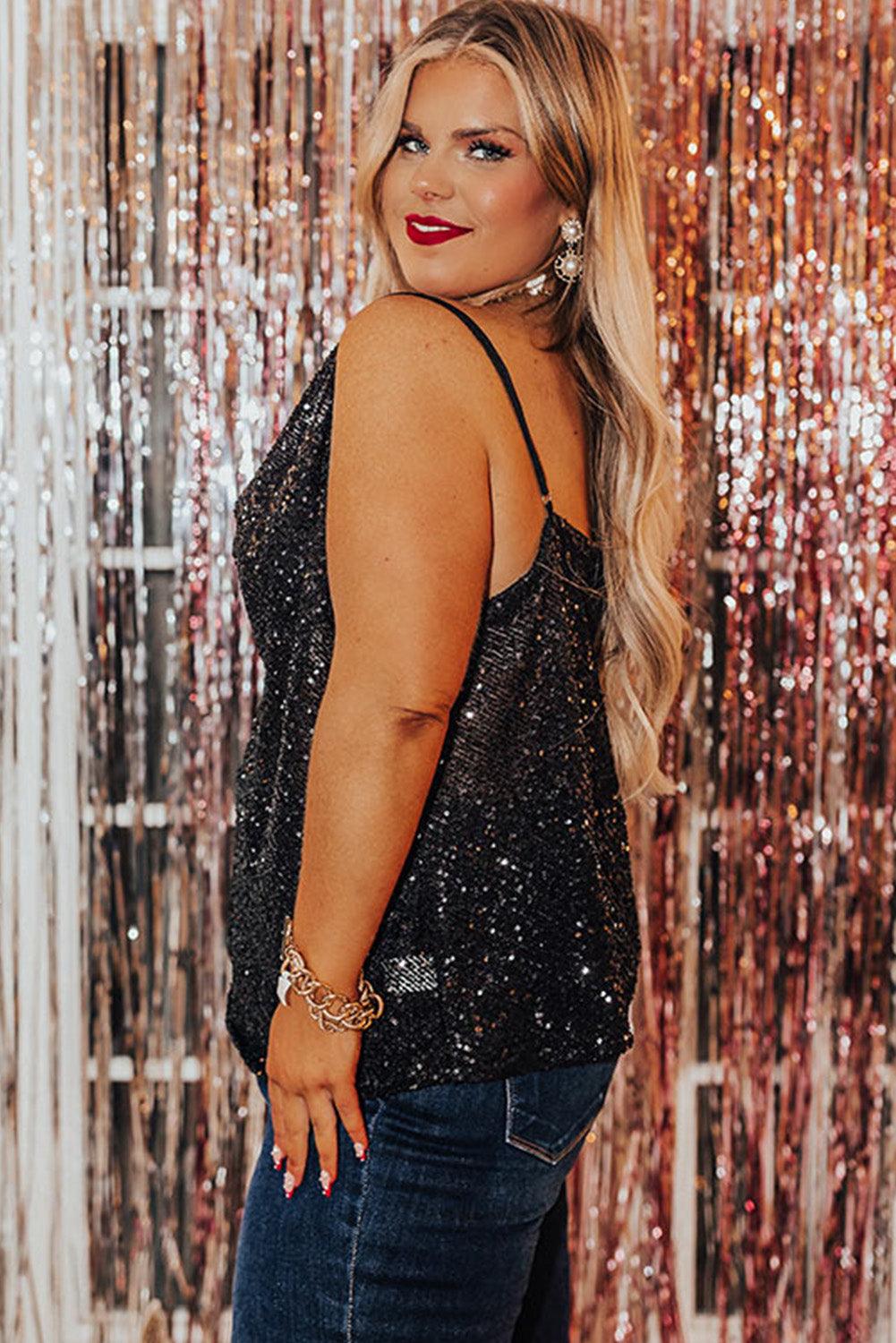 Plus Size Drape Neck Sequin Tank Top - L & M Kee, LLC