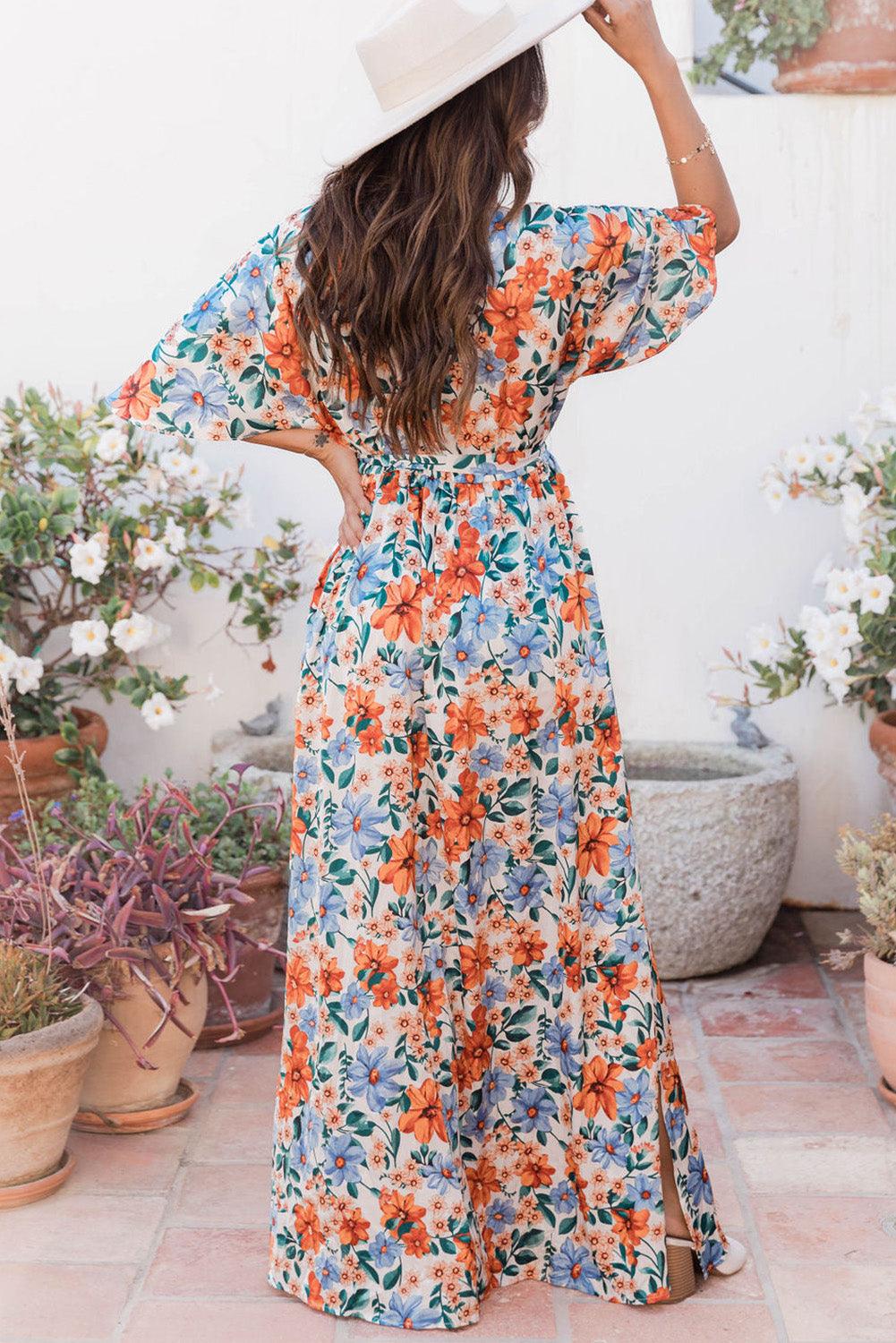 Floral Print Wrap Belted Maxi Dress - L & M Kee, LLC