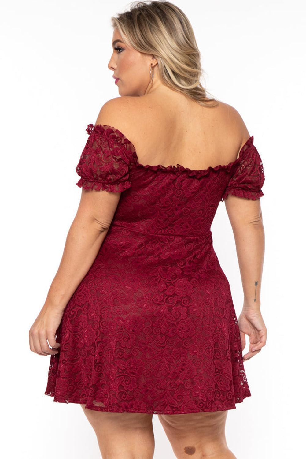 Lace Frill Bubble Sleeve Off Shoulder Plus Size Dress - L & M Kee, LLC