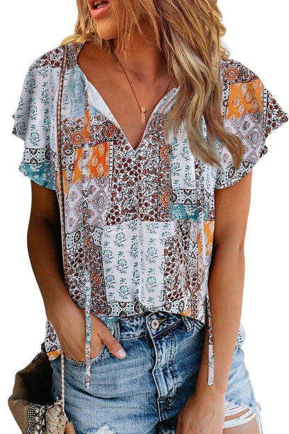 Multicolor Boho Mixed Patterns Flutter Sleeves Top - L & M Kee, LLC