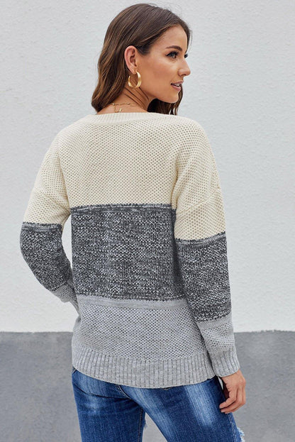 Gray Color Block Netted Texture Pullover Sweater - L & M Kee, LLC