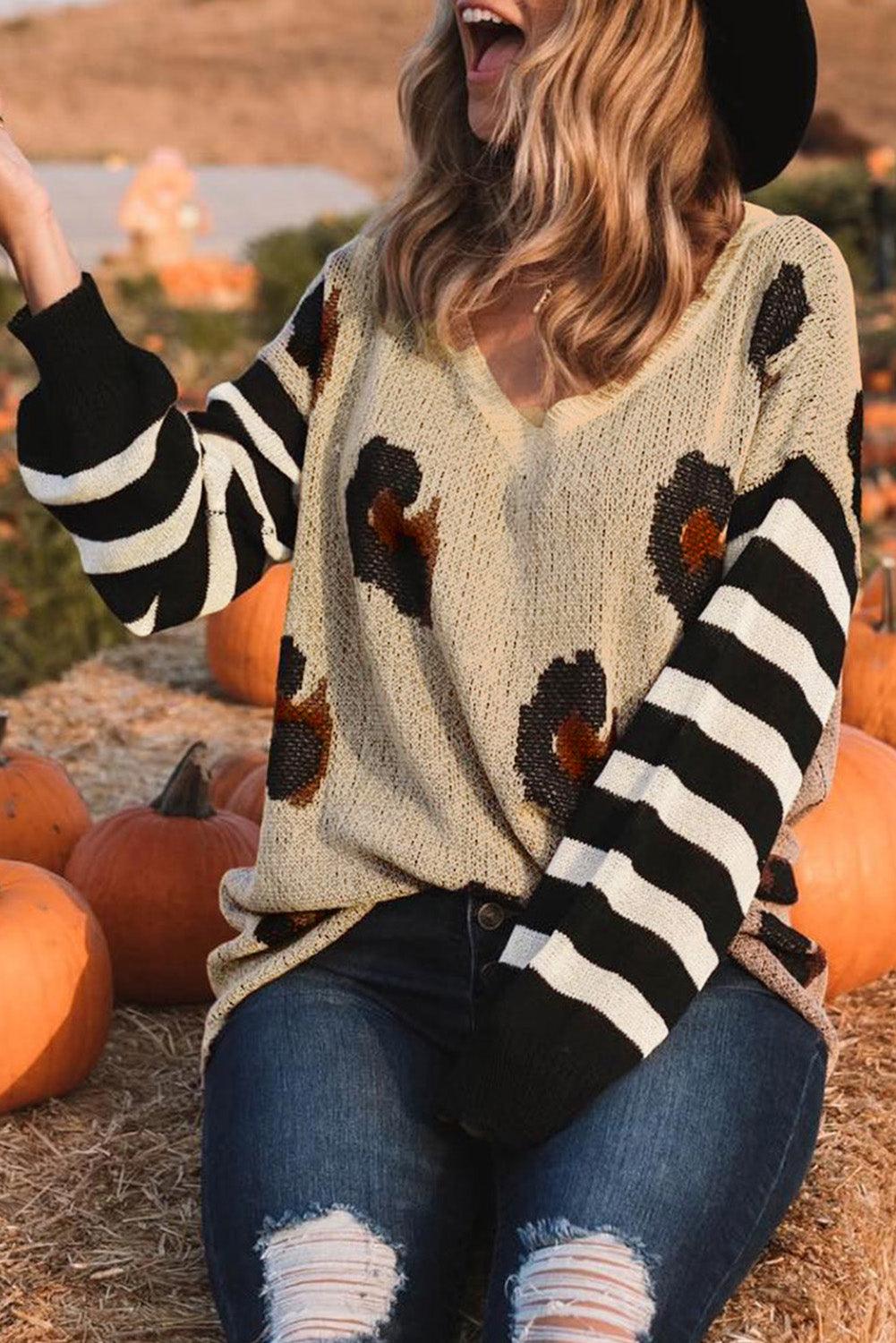 Striped Sleeves Patchwork Leopard Sweater - L & M Kee, LLC