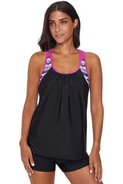 Blouson Striped Printed Strappy T-Back Push up Tankini Top - L & M Kee, LLC