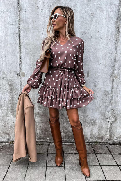 Polka Dot Print Lace-up Ruffled Mini Dress - L & M Kee, LLC