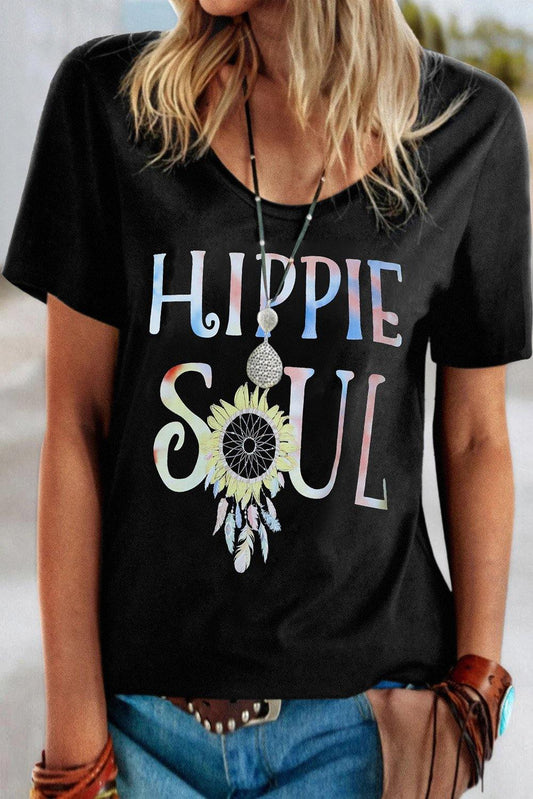 Ombre Tie-dye HIPPIE SOUL Sunflower Feather Print T-shirt - L & M Kee, LLC