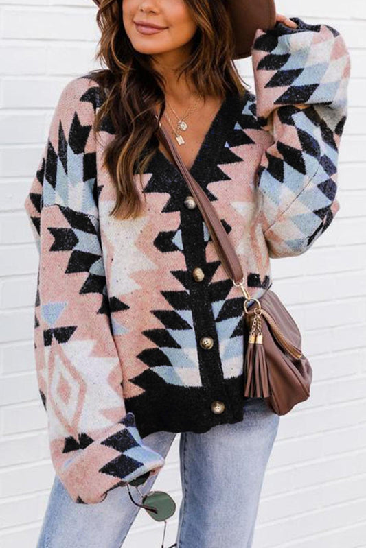 Oversized Aztec Buttons Front Cardigan - L & M Kee, LLC