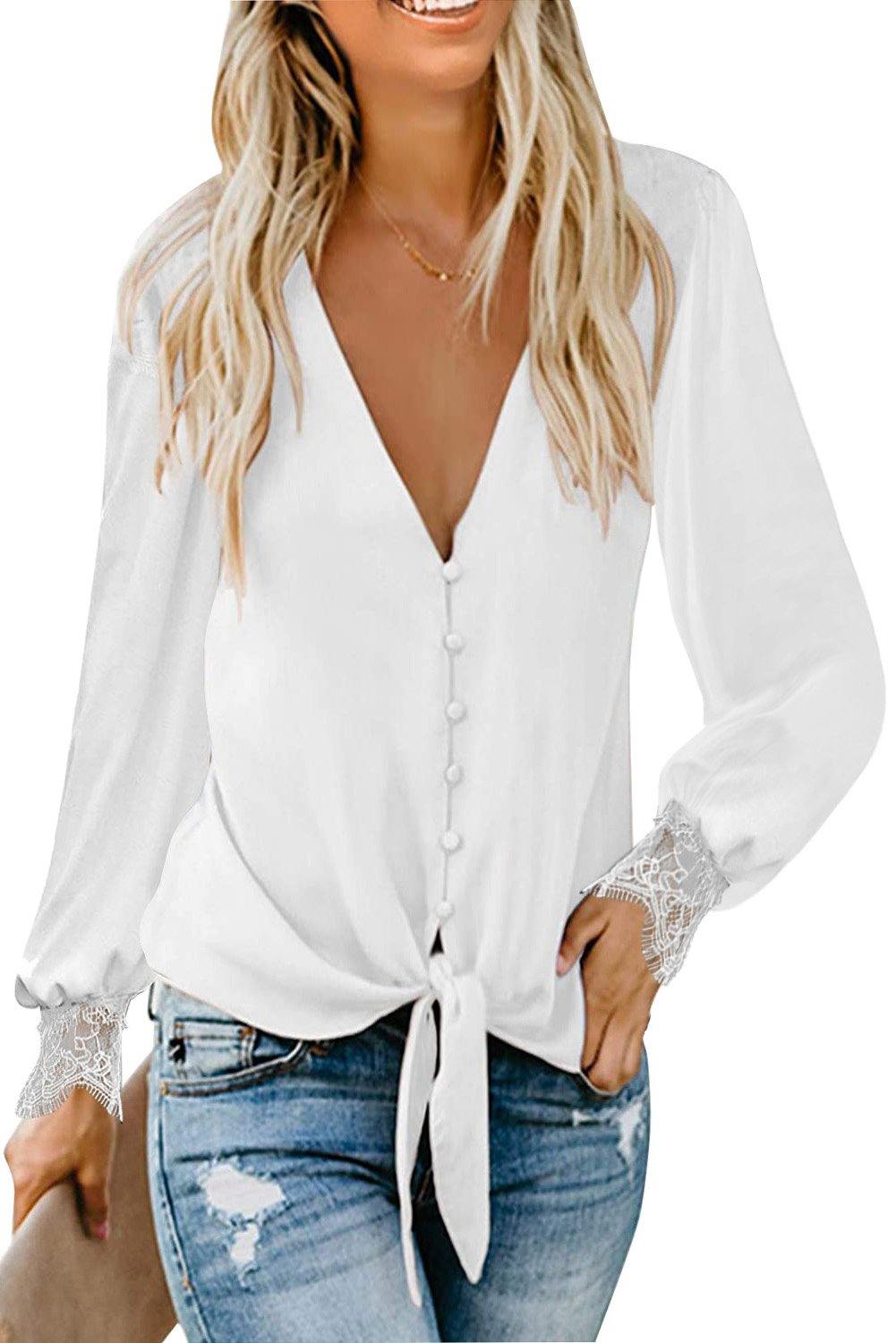 V Neck Lace Splicing Cuffs Button Knotted Blouse - L & M Kee, LLC