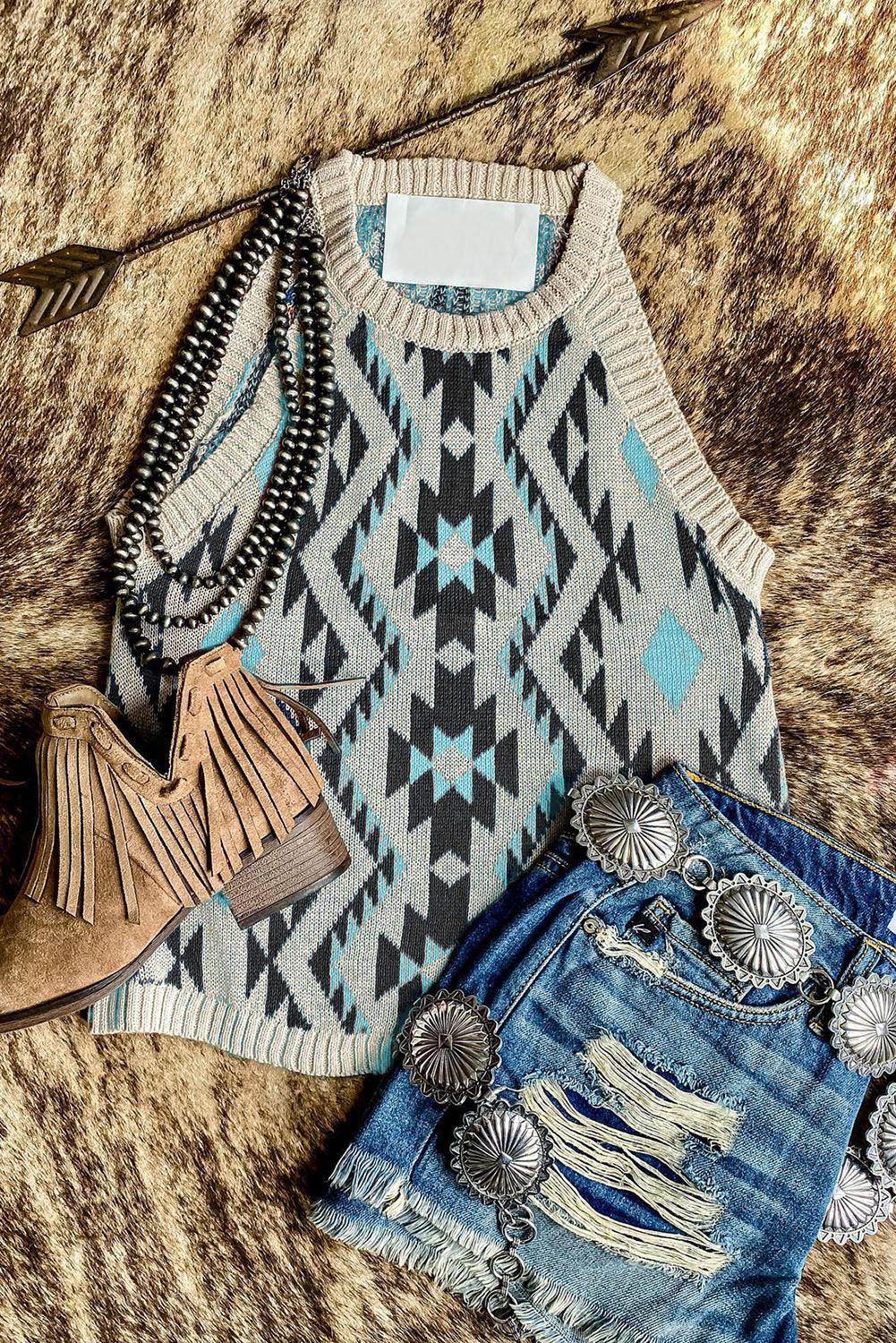 Aztec Geometric Print Knitted Tank Top - L & M Kee, LLC