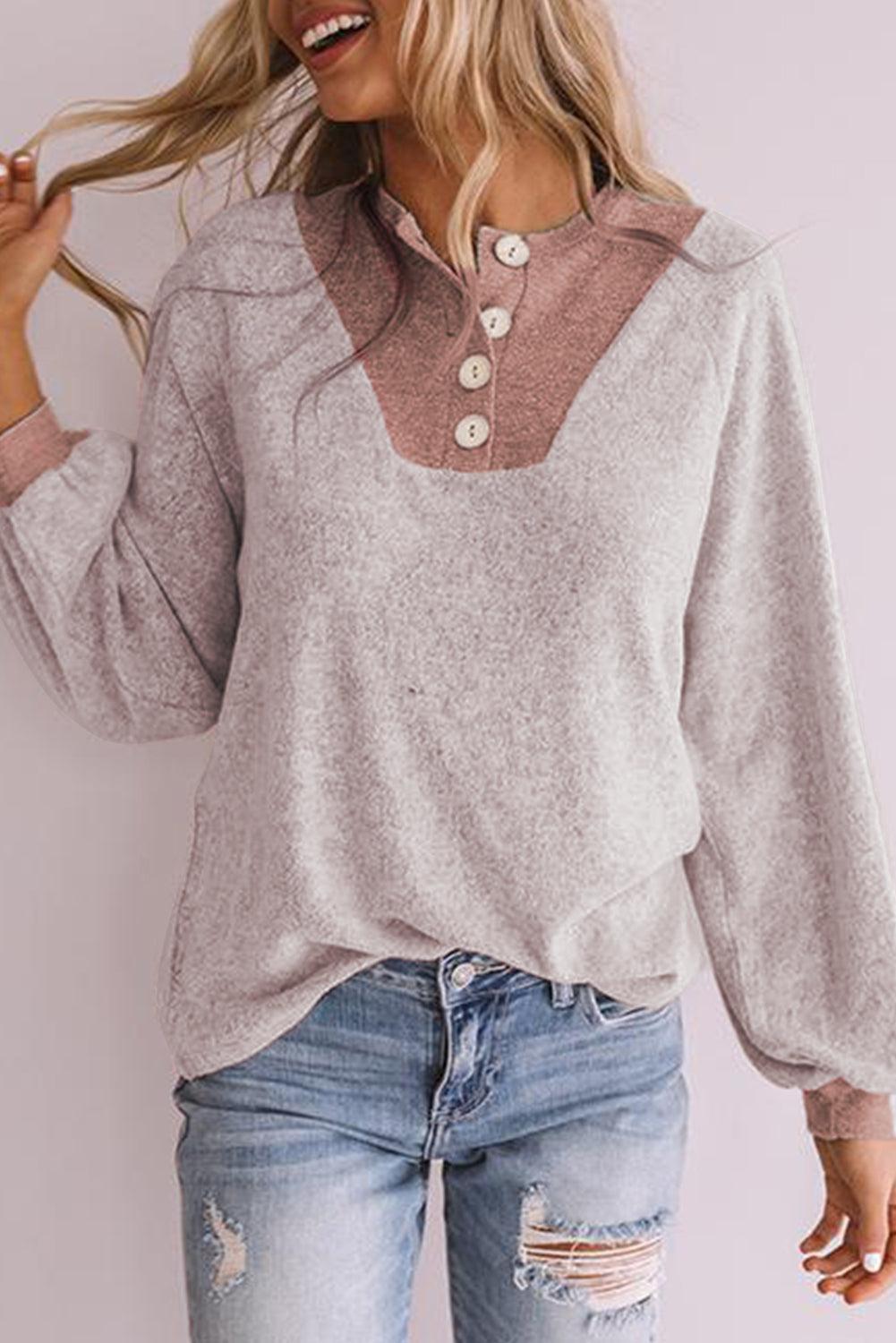 Button Contrast Puff Sleeve Blouse - L & M Kee, LLC