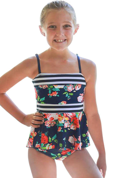 Navy Floral Print Peplum Little Girls Swimsuit - L & M Kee, LLC