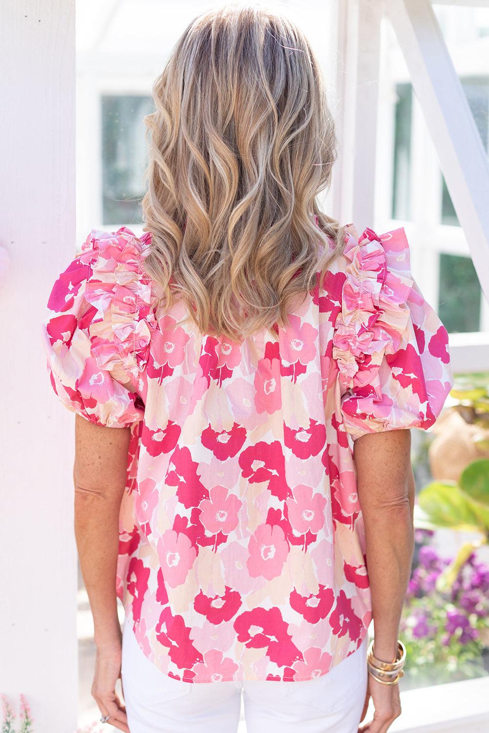 Split Neck Ruffled Puff Sleeves Floral Top - L & M Kee, LLC