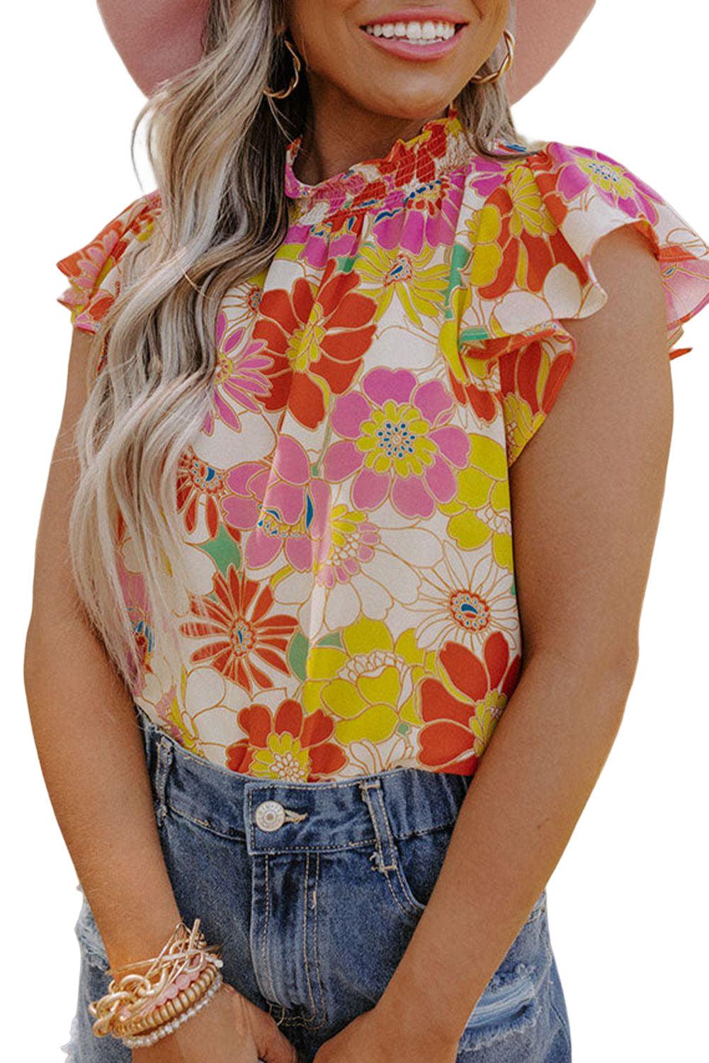 Multicolor Stand Collar Flutter Sleeves Floral Top - L & M Kee, LLC