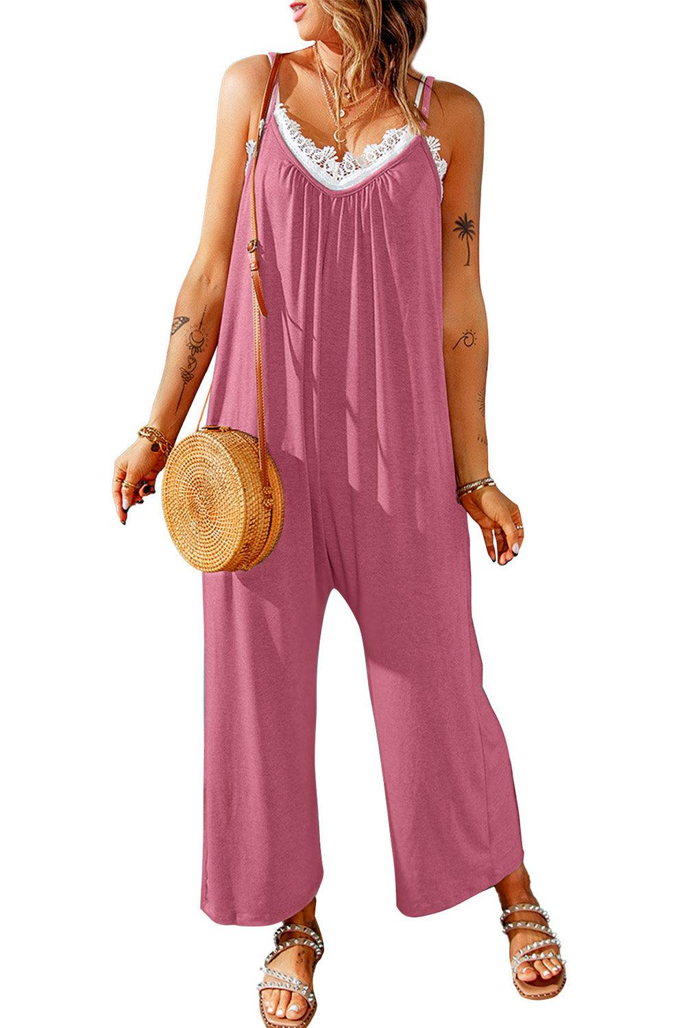 Spaghetti Straps Wide Leg Pocketed Jumpsuits - L & M Kee, LLC