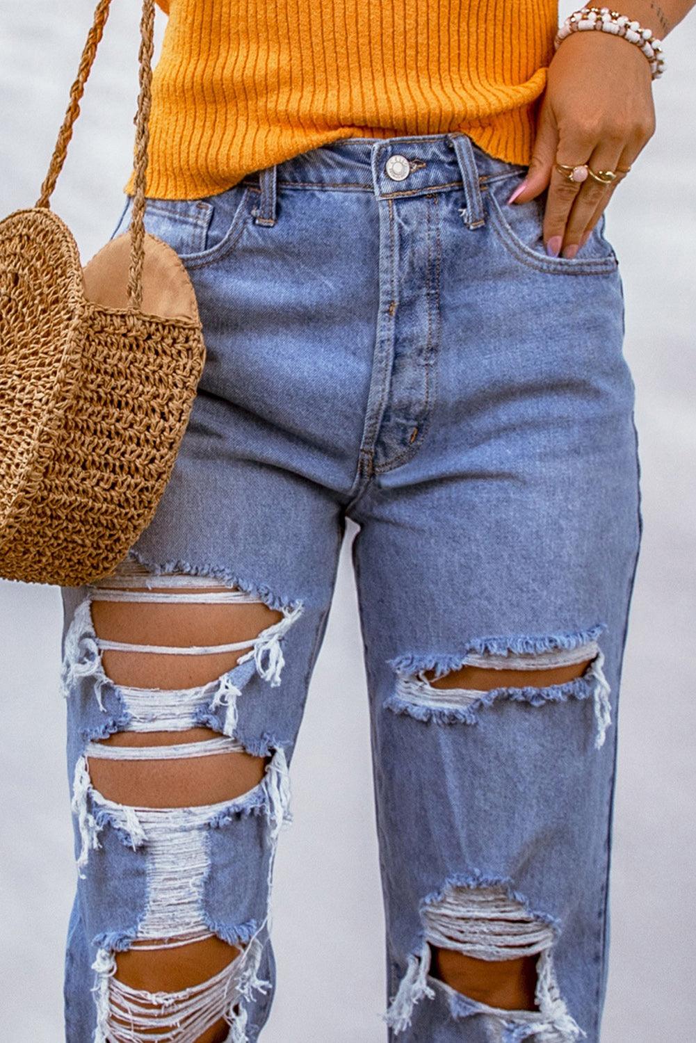 Heavy Destroyed Big Hole Boyfriend Jeans - L & M Kee, LLC