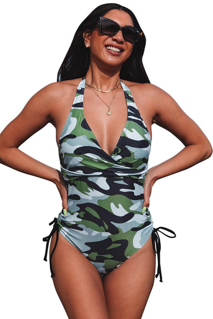Camouflage Drawstring Backless One Piece Swimsuit - L & M Kee, LLC