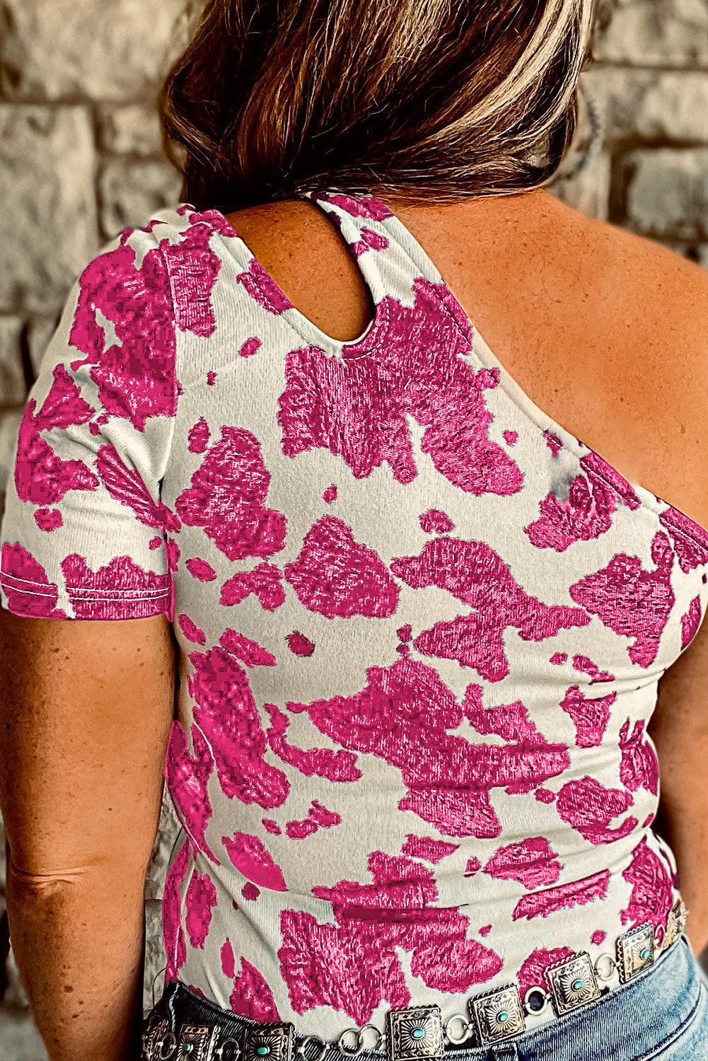 One Shoulder Cow Print Cut out Short Sleeve Top - L & M Kee, LLC