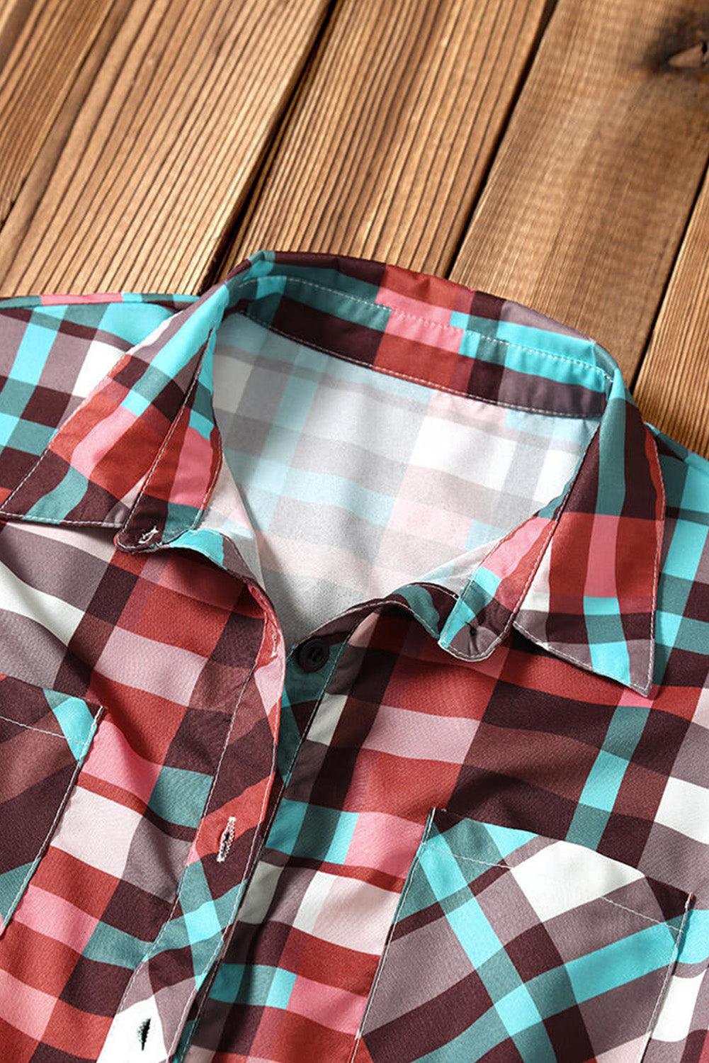 Multicolor Long Sleeve Pockets Buttoned Plaid Mini Dress - L & M Kee, LLC