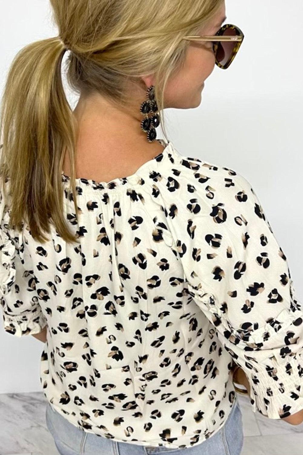 Beige Leopard Print Frilled Half Sleeve Blouse with Tassel Tie - L & M Kee, LLC