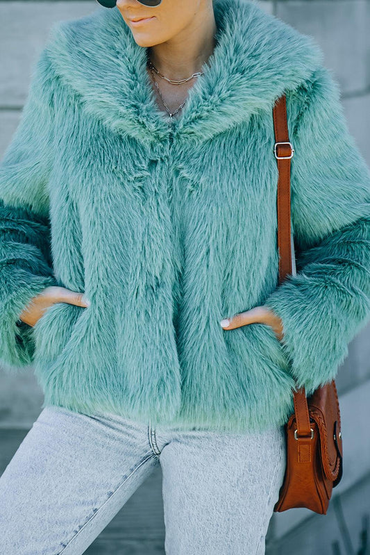 Collared Side Pockets Winter Fuzzy Coat - L & M Kee, LLC