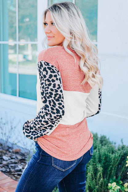 Leopard Color Block Knitted Long Sleeve Top - L & M Kee, LLC