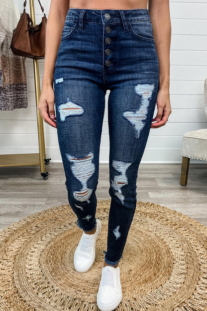 High Rise Multi Button Ripped Jeans - L & M Kee, LLC