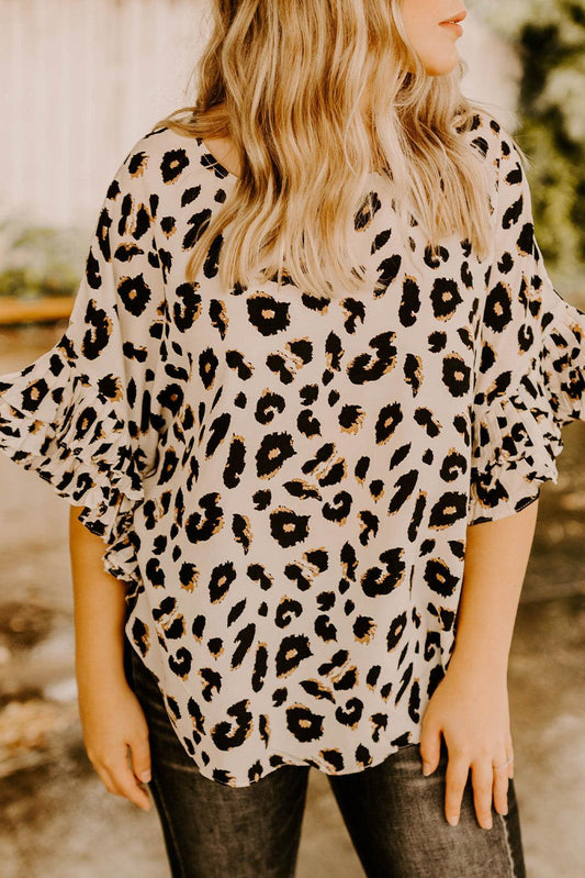 Leopard Print Ruffle Trim Batwing Sleeve Blouse - L & M Kee, LLC