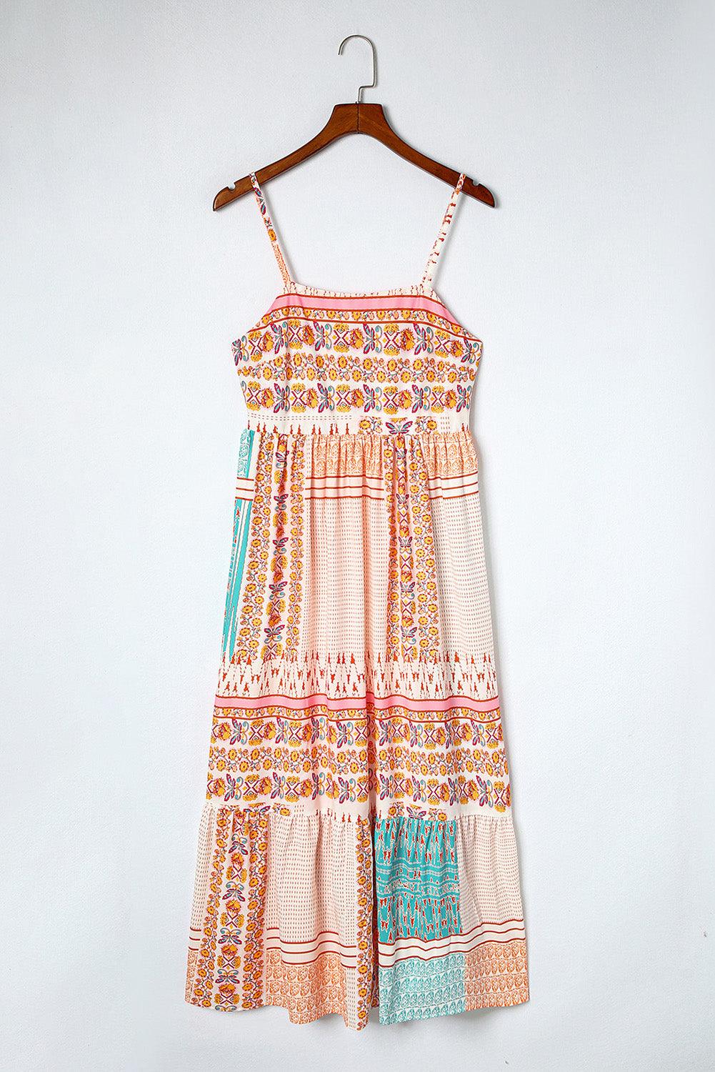 Multicolor Boho Patchwork Print Square Neck Sundress - L & M Kee, LLC