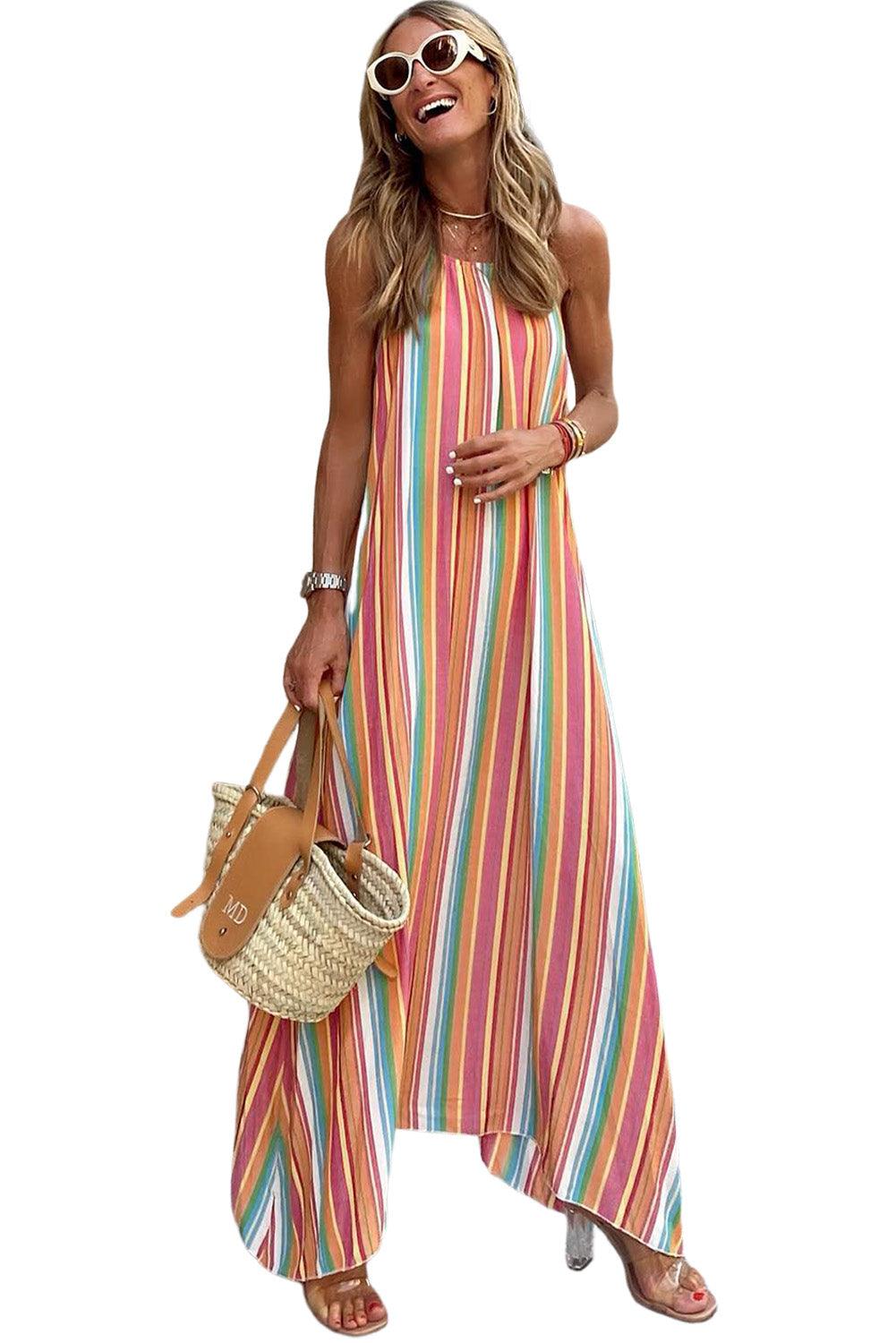 Bohemian Striped Print Sleeveless Holiday Maxi Dress - L & M Kee, LLC