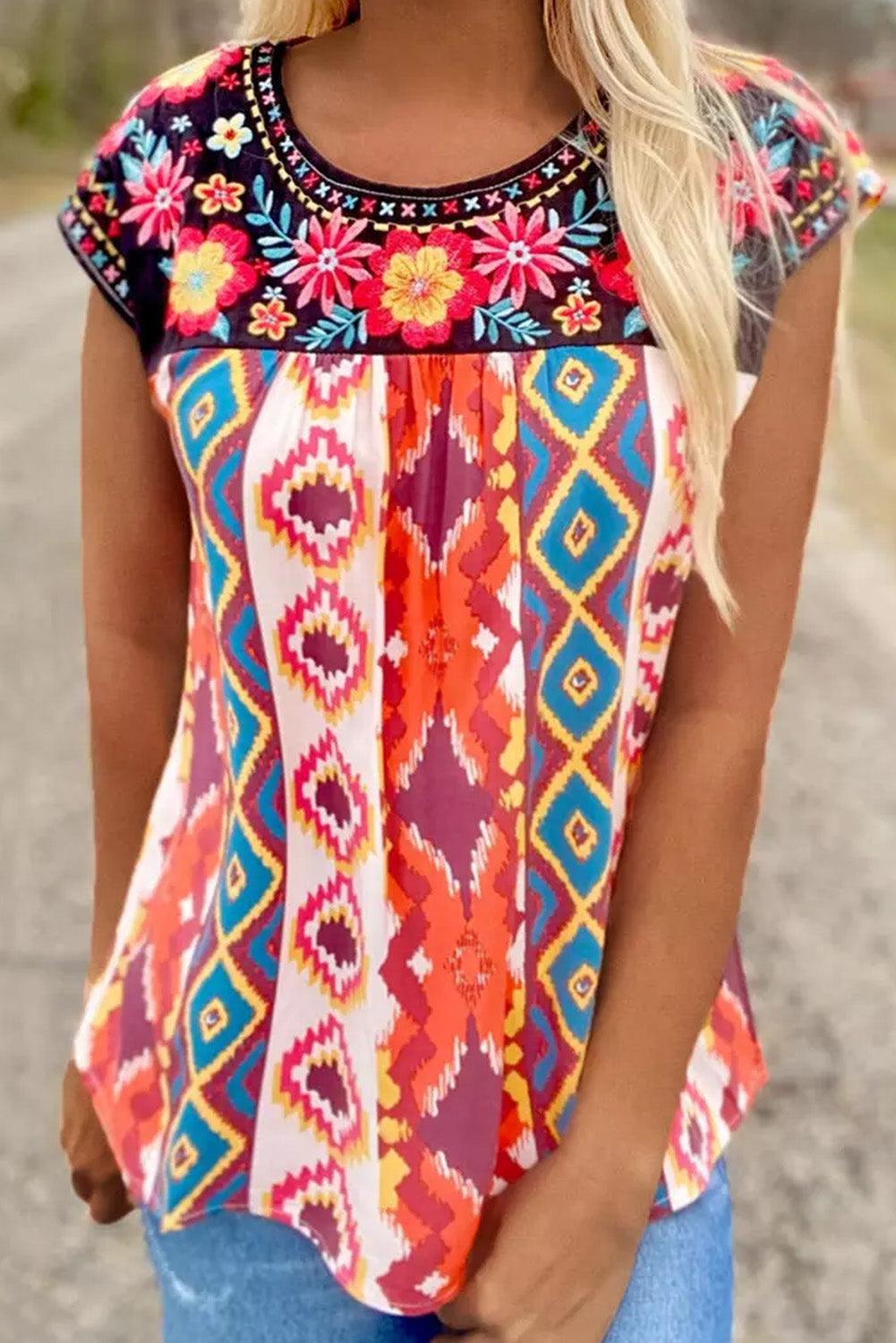 Multicolor Floral Aztec Geometric Cap Sleeve Top - L & M Kee, LLC