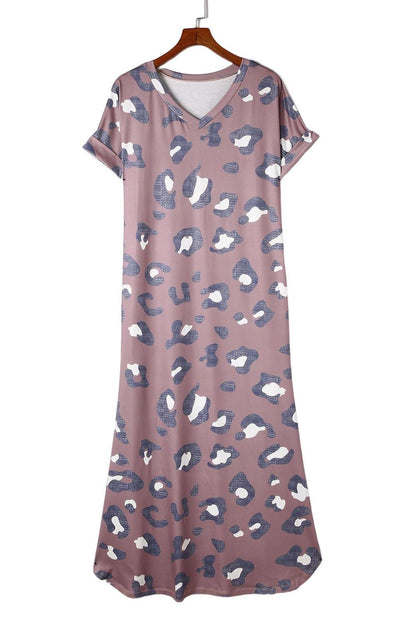 Print V Neck Long T-shirt Dress - L & M Kee, LLC