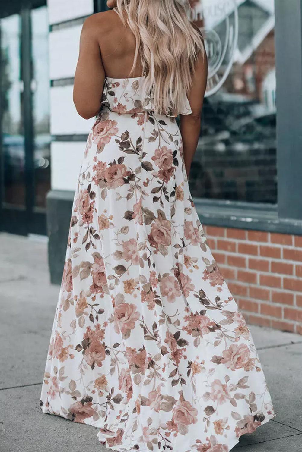 Floral Slit Ruffled Halterneck Maxi Dress - L & M Kee, LLC