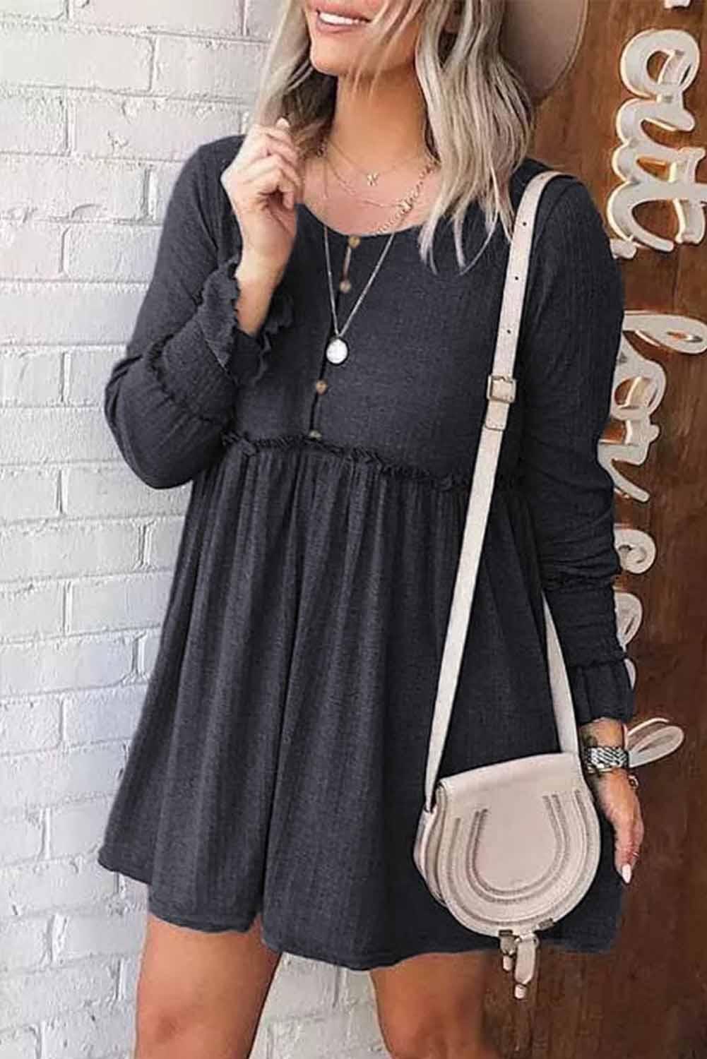 Textured Button Long Sleeve Babydoll Dress - L & M Kee, LLC