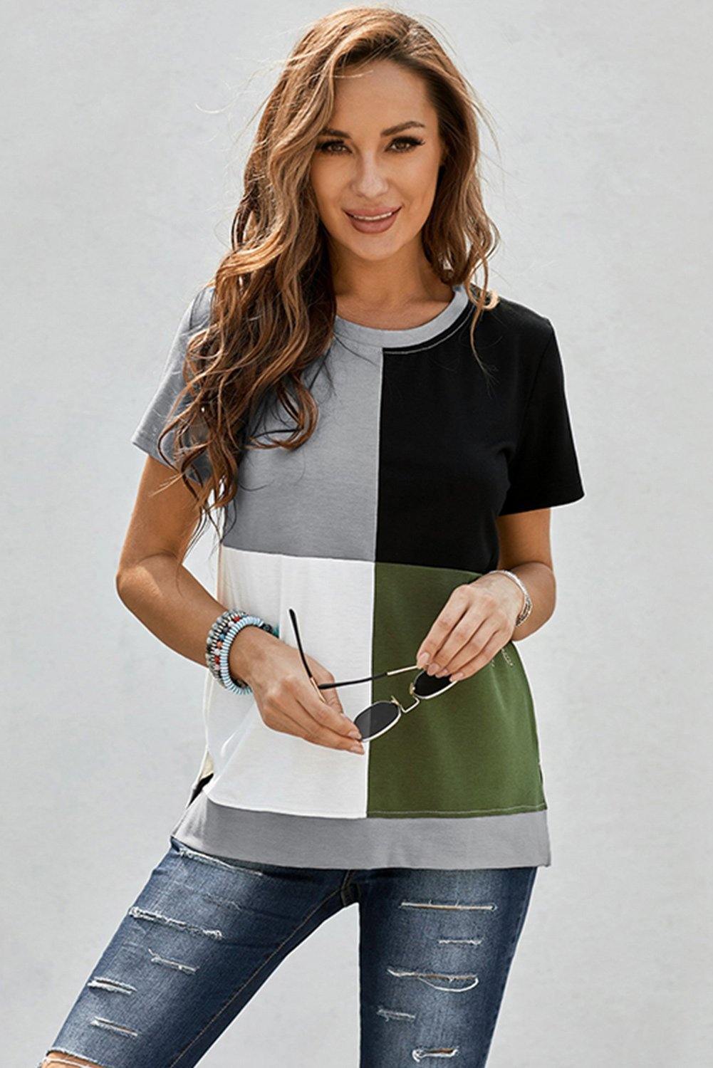 Wine Red Colorblock T-shirt with Slits - L & M Kee, LLC