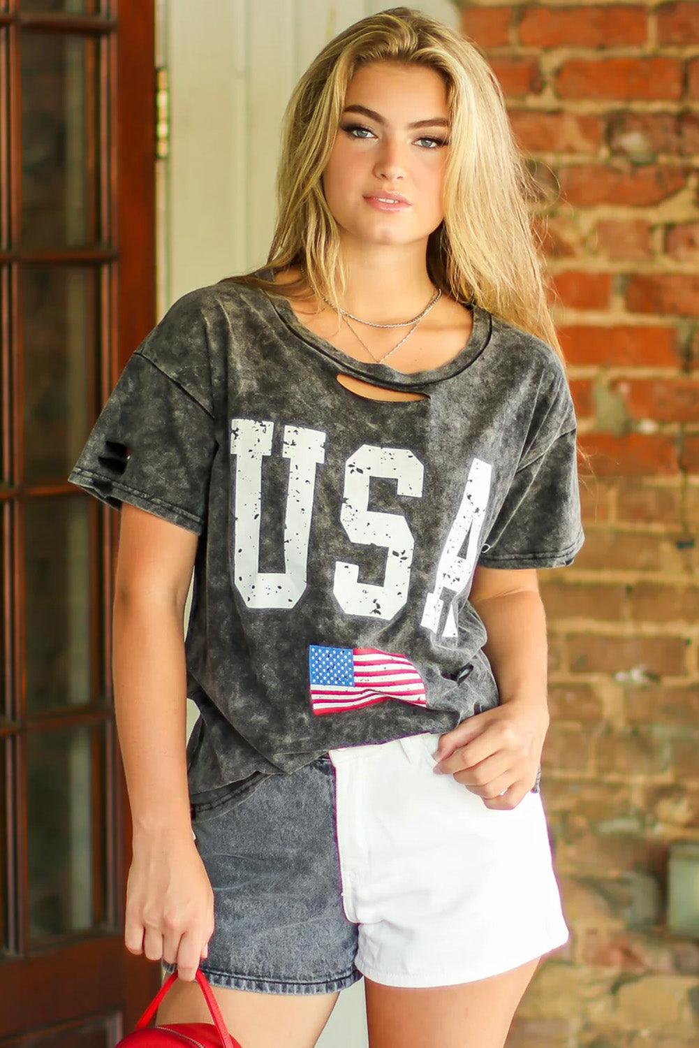 Distressed Tie-dye USA Flag Print T-shirt - L & M Kee, LLC