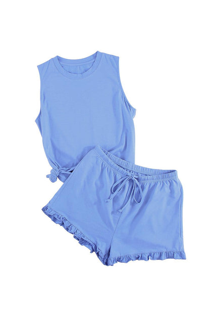 Crew Neck Tank and Drawstring Ruffled Shorts Lounge Set - L & M Kee, LLC