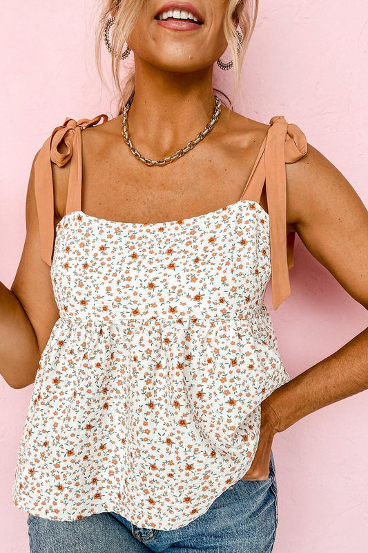 Tied Shoulder Floral Print Babydoll Tank - L & M Kee, LLC