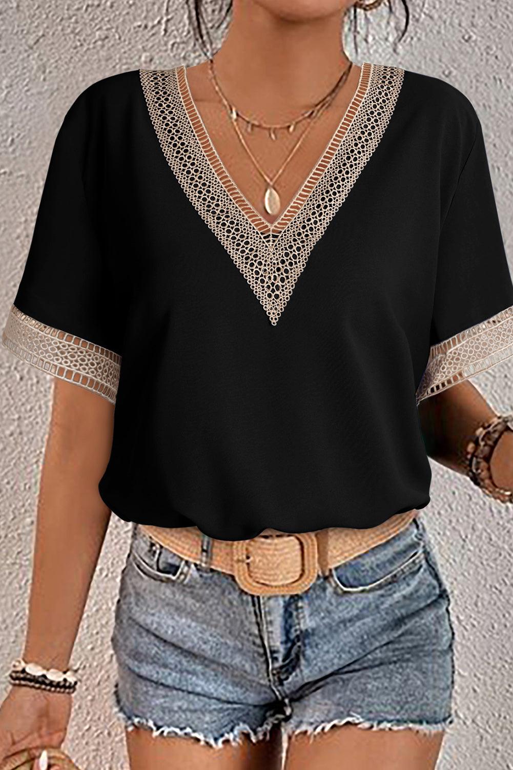 Lace Trim V Neck Short Sleeve Blouse - L & M Kee, LLC