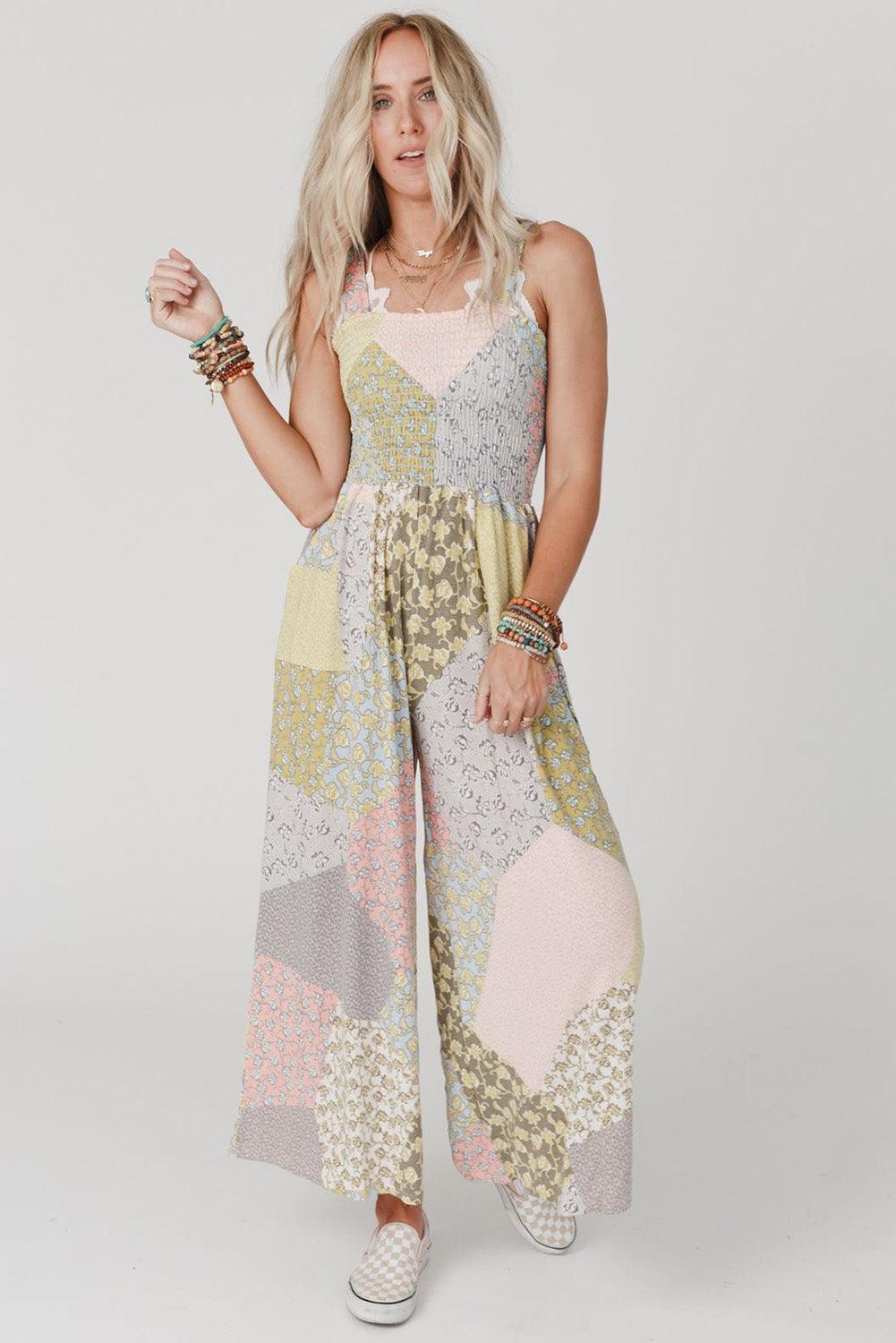 Multicolor Irregular Patchwork Print Smocked Wide Leg Jumpsuit - L & M Kee, LLC