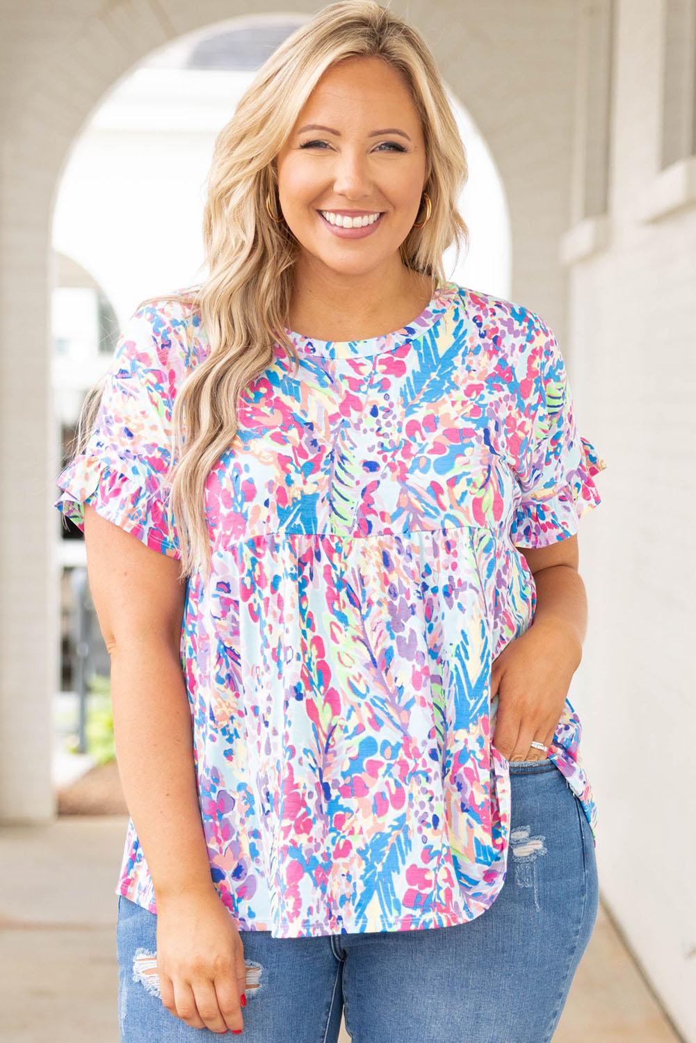 Vibrant Botanical Print Frill Short Sleeve Plus Size Top - L & M Kee, LLC