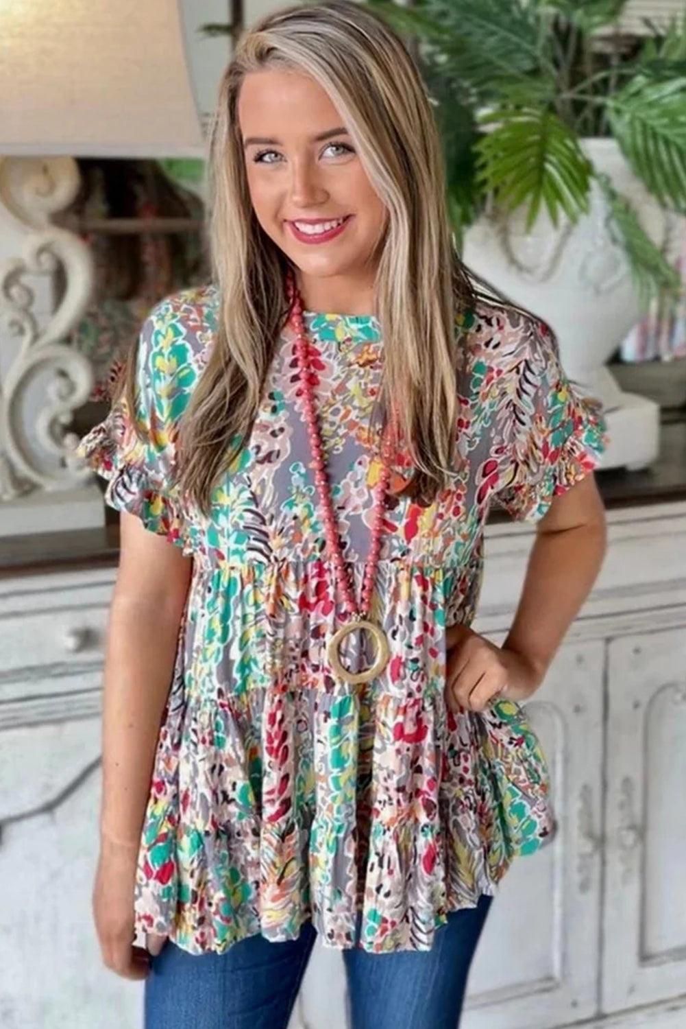 Floral Print Ruffle Sleeve Babydoll Top - L & M Kee, LLC