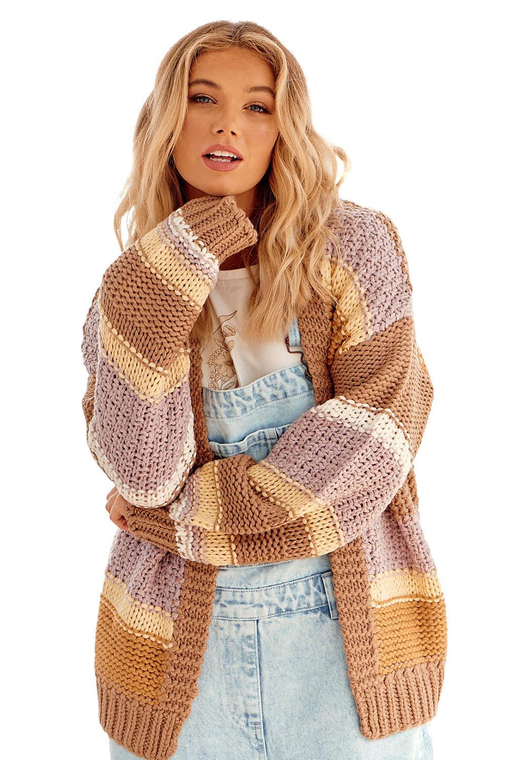 Color Block Knit Drop Shoulder Open Front Sweater - L & M Kee, LLC