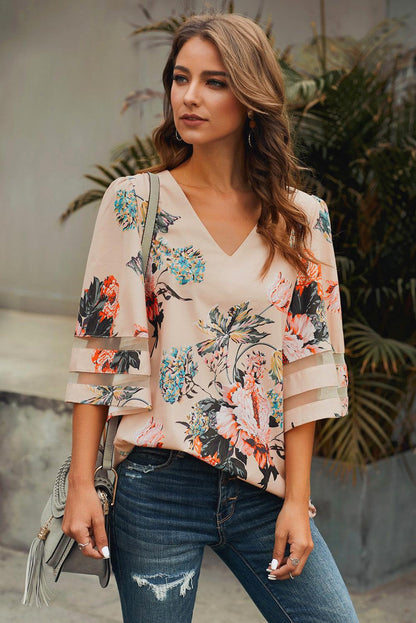 3/4 Flared Sleeve Floral Blouse - L & M Kee, LLC