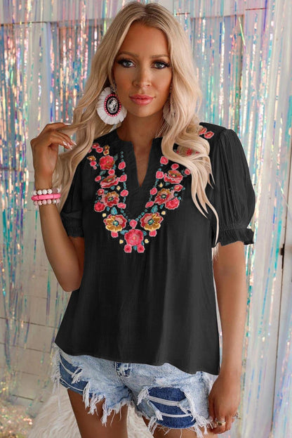 Floral Embroidered Ruffled Puff Sleeve Blouse - L & M Kee, LLC