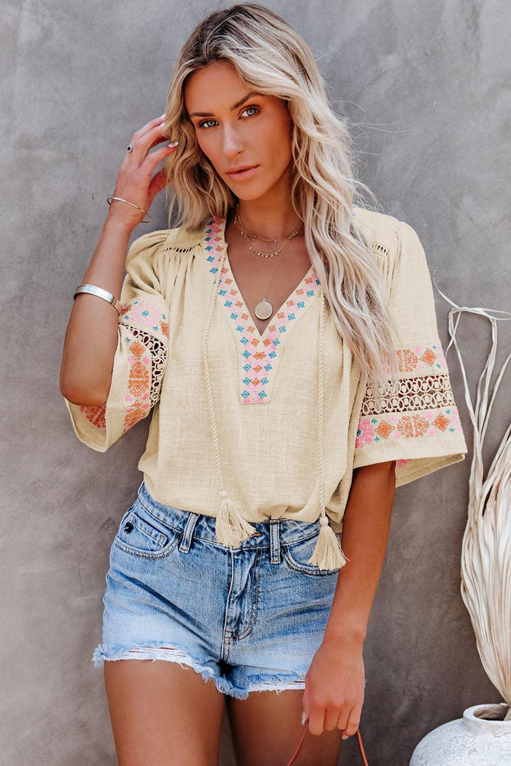 Beige Tassel Drawstring Embroidered Half Sleeve V Neck Top - L & M Kee, LLC