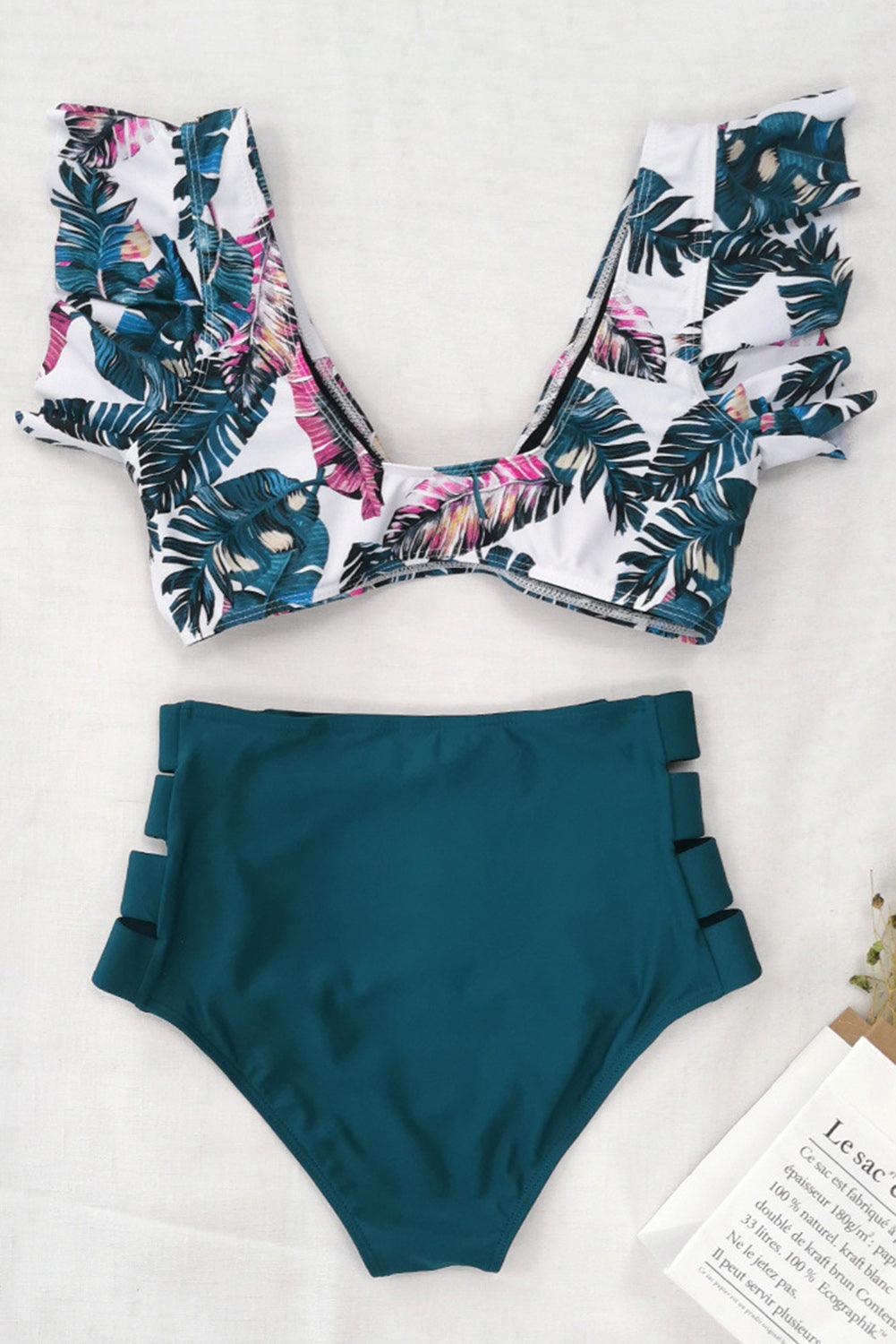 Palm Leaf Print Front Tie High Waist Bikini Swimsuit with Ruffles - L & M Kee, LLC