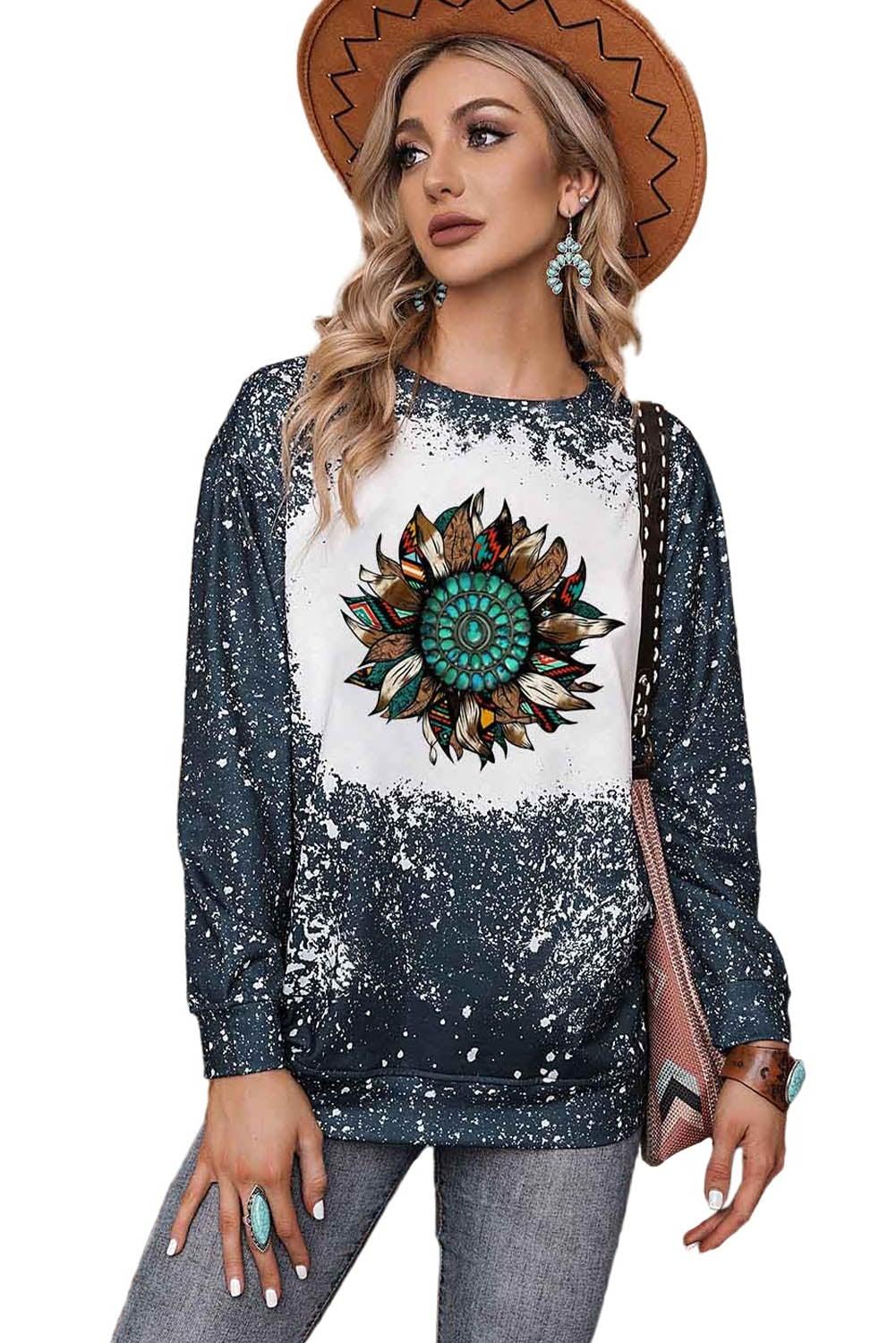 Tie-dyed Sunflower Print Long Sleeve Pullover Sweatshirt - L & M Kee, LLC
