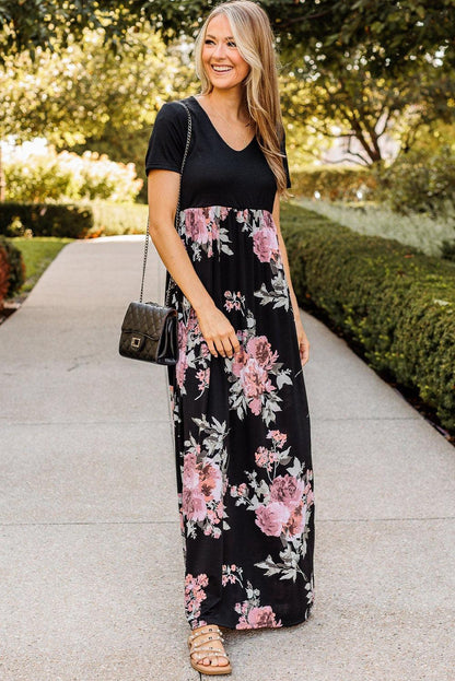 Contrast Floral Empire Waist Maxi Dress - L & M Kee, LLC