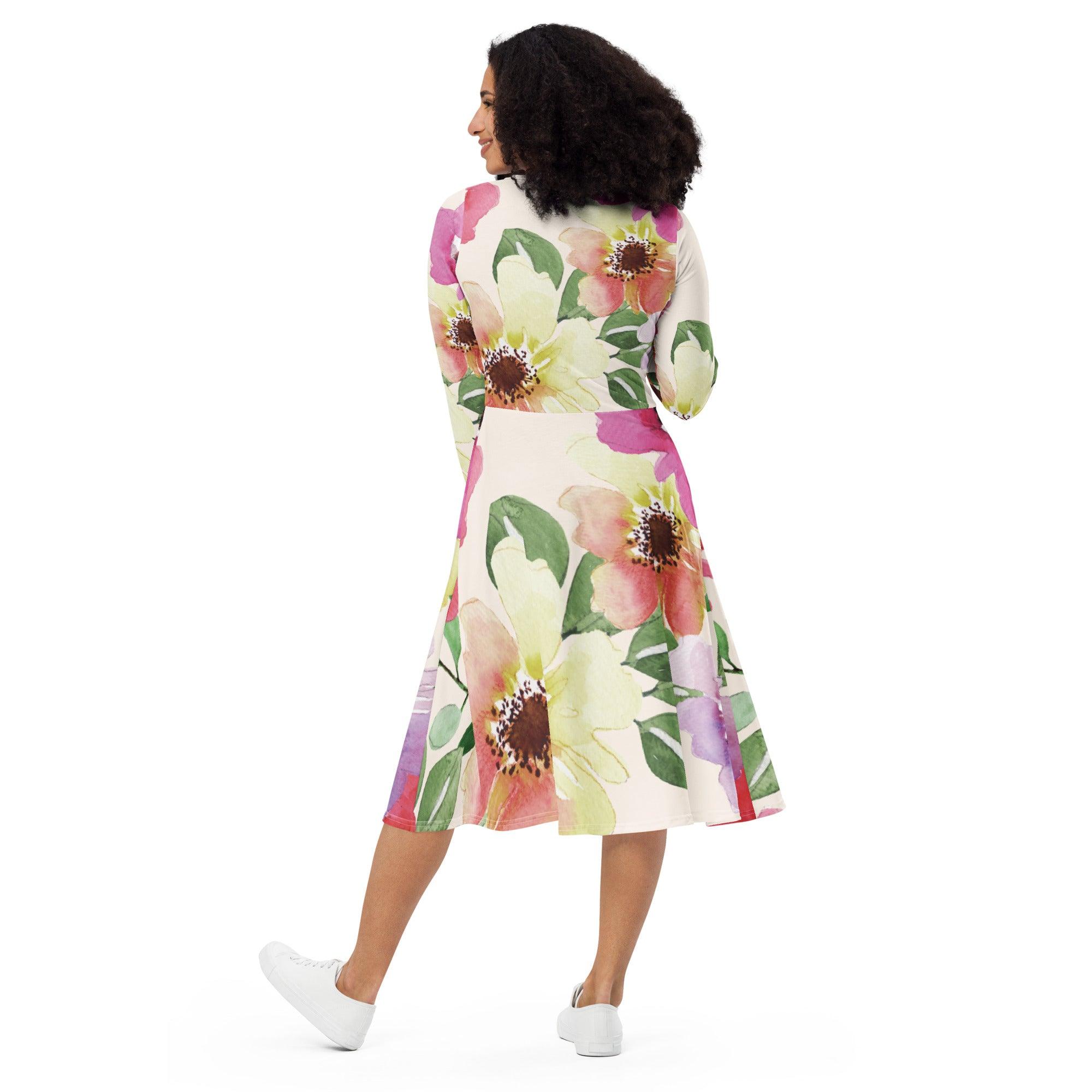Floral Long Sleeve Midi Dress - L & M Kee, LLC